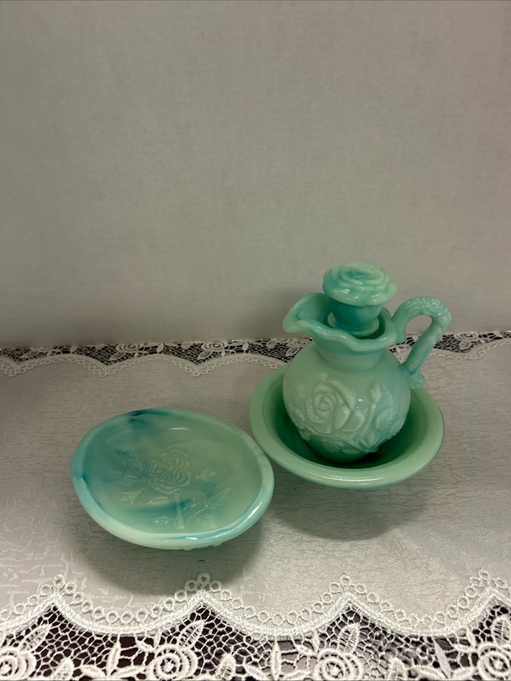 Vtg Avon Jadeite Green Swirl Milk Glass Rose Mini Pitcher Set W/Lid & Soap Dish